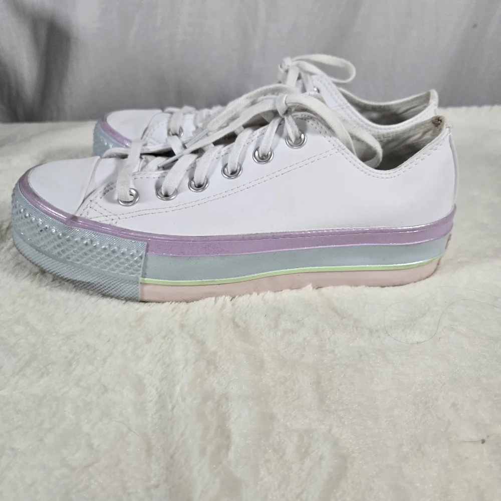 Convere All Star White Leather Platform  Low Top Shoes Size 7 - Picture 4 of 8